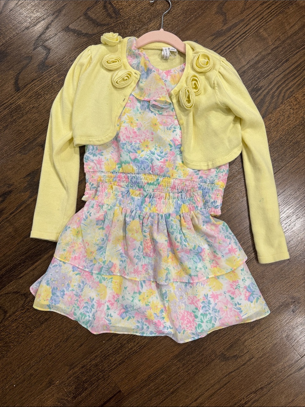 Janie and Jack Yellow Rosette Cardigan with Pastel Floral skirt set